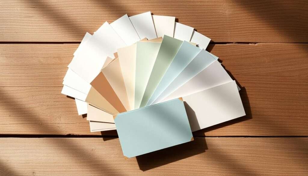 A well-lit, high-resolution photograph of an assortment of paint sample cards arranged neatly on a rustic wooden surface. The cards showcase a diverse color palette, ranging from crisp whites and soft creams to muted greens, blues, and warm neutrals. The lighting casts gentle shadows, highlighting the texture of the wood and the matte finish of the paint samples. The composition is balanced, with the cards positioned in an aesthetically pleasing grid or fan-like arrangement. The overall mood is one of tranquility, inviting the viewer to envision how these colors might complement a cozy, farmhouse-inspired living room.