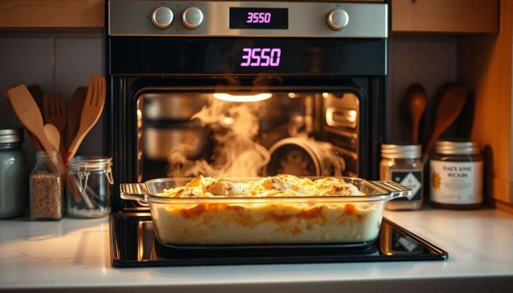 A well-lit kitchen counter, a modern oven with a clear digital display showing "350" in bold numbers, a steaming casserole dish taking center stage, surrounded by cooking utensils and seasoning jars. The scene is bathed in warm, natural light, creating a cozy, inviting atmosphere. The overall composition suggests the step-by-step process of preparing a delicious Chicken Cordon Bleu Casserole, with the oven temperature setting as a key step in the culinary journey.