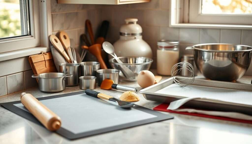 A well-lit kitchen counter filled with an assortment of baking tools, including a rolling pin, a set of measuring cups and spoons, a whisk, a spatula, a baking sheet, a mixing bowl, and a silicone baking mat. The tools are arranged in an organized, visually appealing manner, with a warm, inviting atmosphere created by the soft, natural lighting filtering in through a nearby window. The image conveys a sense of preparation and readiness for a delicious baking session.