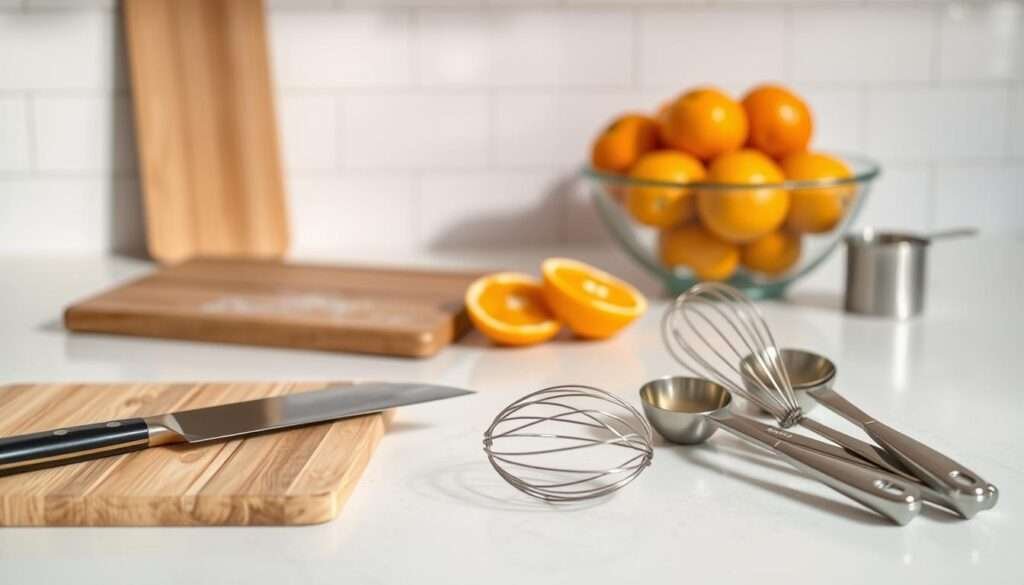 A well-lit kitchen counter, freshly wiped down, serves as the backdrop. In the foreground, an array of essential culinary tools - a sharp chef's knife, a wooden cutting board, a sturdy metal whisk, and a set of measuring cups and spoons. The middle ground features a bowl of vibrant, juicy oranges, their peels glistening under the warm, directional lighting. The overall atmosphere conveys a sense of organized preparation, a prelude to the creation of a delectable dish.