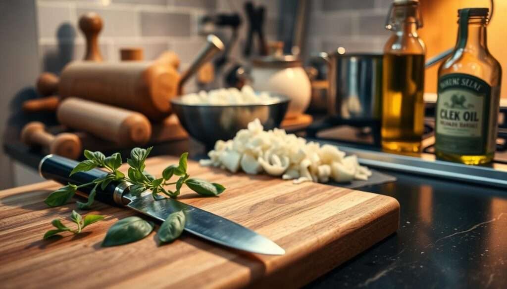 A well-lit kitchen counter, its surface covered in an array of cooking tools and ingredients. In the foreground, a sturdy wooden cutting board, a sharp chef's knife, and a handful of fresh basil leaves. Behind them, a classic Italian-style rolling pin and a mortar and pestle, their textures inviting touch. In the middle ground, a stainless steel mixing bowl filled with chopped onions and garlic, their aroma wafting through the air. In the background, a saucepan simmering on the stove, steam rising gently, and a glass jar of high-quality olive oil, its label catching the warm light. The scene conveys a sense of preparation, anticipation, and the promise of a delicious homemade meal.