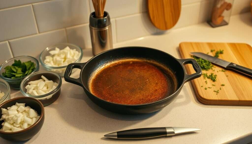 A well-lit kitchen counter with a large cast-iron skillet at the center, surrounded by various cooking utensils and ingredients. The skillet has a golden-brown seared surface, indicating it has been preheated. Next to the skillet, there are bowls of diced onions, garlic, and herbs, as well as a cutting board with a sharp knife. The background is clean and uncluttered, allowing the culinary setup to be the focus of the image. The lighting is warm and natural, creating a cozy and inviting atmosphere, perfect for preparing a comforting meal.