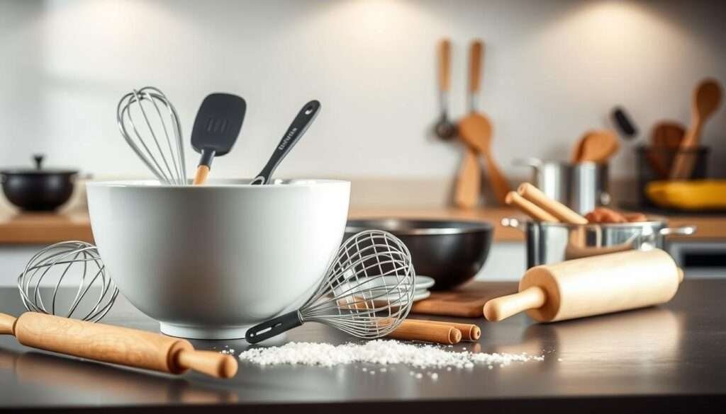 A well-lit kitchen counter with an array of essential baking tools arranged in a visually appealing composition. In the foreground, a sturdy mixing bowl, a whisk, a spatula, and a rolling pin stand ready for action. In the middle ground, a set of measuring cups and spoons, along with a baking dish and a saucepan, suggesting the preparation of a savory dish. The background features a clean, minimalist aesthetic, with a neutral wall color and subtle lighting that creates a warm, inviting atmosphere. The overall scene conveys a sense of organization, efficiency, and culinary expertise, setting the stage for the creation of a delectable dish.