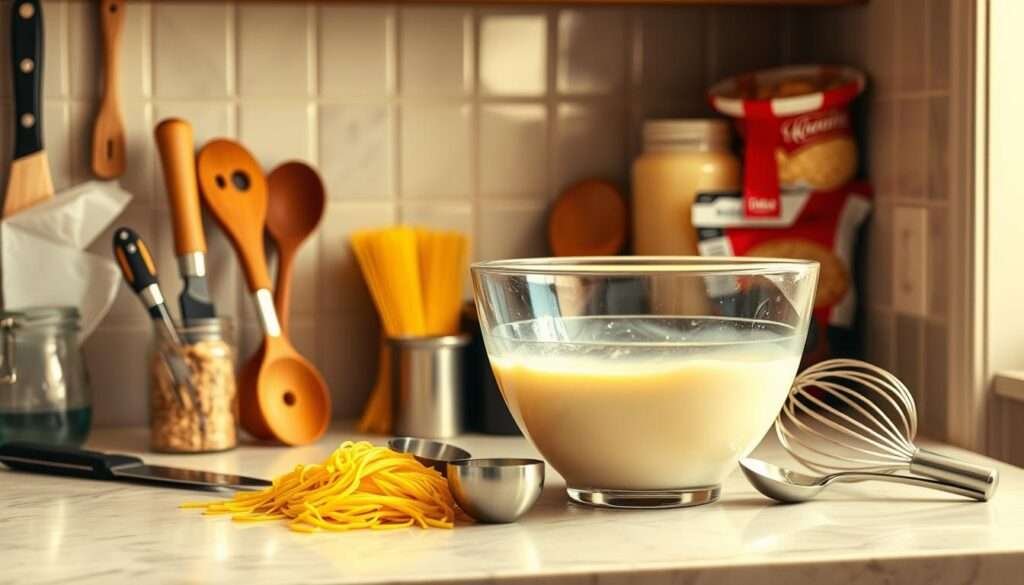 A well-lit kitchen countertop, neatly arranged with an assortment of cooking utensils, including a sharp chef's knife, a sturdy wooden spoon, and a stainless steel whisk. In the middle ground, a large mixing bowl stands ready, accompanied by a measuring cup and spoons. In the background, a stack of spaghetti noodles and a jar of creamy cheese sauce, hinting at the delicious dish to come. The scene is bathed in a warm, golden light, creating a cozy and inviting atmosphere, perfect for the preparation of a comforting baked cream cheese spaghetti casserole.
