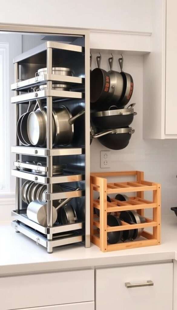 A well-lit kitchen countertop showcases two distinct pan storage solutions. On the left, a commercial-grade pull-out pan rack system with gleaming chrome rails and adjustable shelves, neatly organizing an array of cookware. Contrasting this, a homemade system on the right features a simple wooden frame with customized dividers, creating a rustic, personalized storage solution. The scene captures the comparison between the refined, efficient commercial design and the charming, bespoke homemade approach, inviting the viewer to consider the merits of each for their own kitchen organization needs. The image is captured with a wide-angle lens, providing ample context and a sense of depth, while soft, directional lighting accentuates the textures and details of the two pan storage systems.