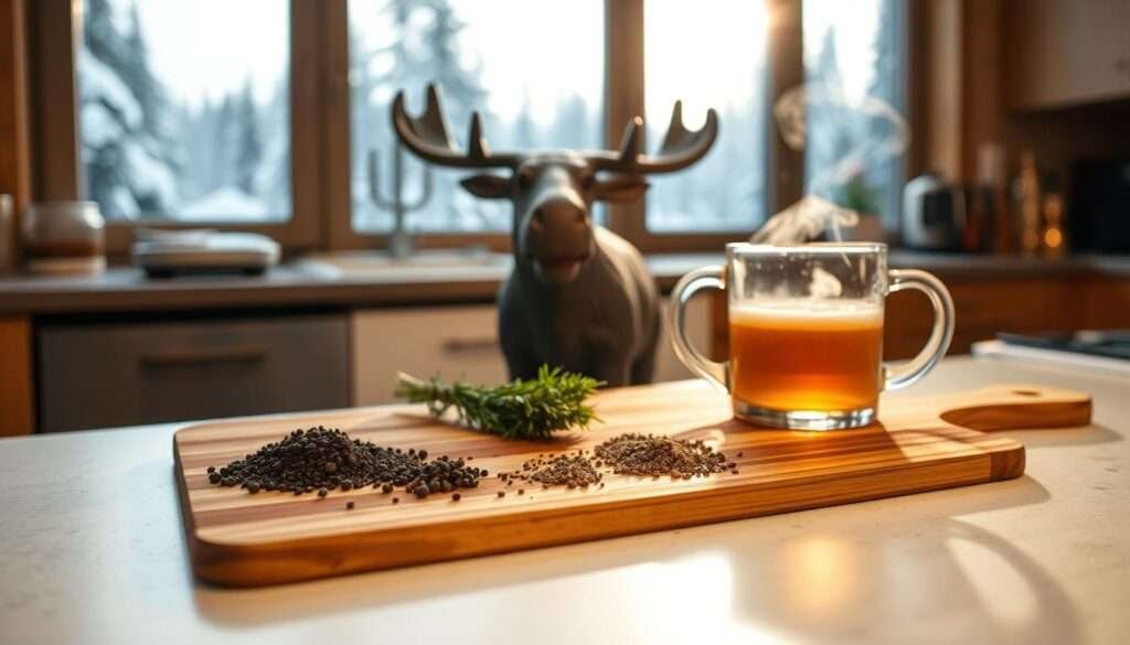 A well-lit kitchen countertop, with a wooden cutting board in the foreground. On the board, an array of ingredients for a moose fart recipe - freshly ground black pepper, a sprinkle of herbs, and a steaming mug of what appears to be a special moose-inspired brew. The middle ground features a moose figurine, its head slightly tilted, as if observing the culinary proceedings. In the background, a large window overlooking a snowy forest landscape, bathed in soft, natural lighting. The overall mood is one of whimsical experimentation, inviting the viewer to join in the creation of this unique and intriguing dish.