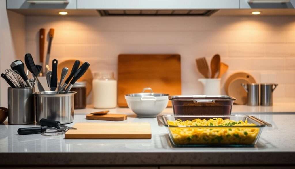 A well-lit kitchen countertop, with an array of culinary tools neatly arranged in the foreground. In the middle ground, a cutting board, a mixing bowl, and a baking dish stand ready for the task at hand. The background features a clean, modern backsplash and a set of open shelves, hinting at the organized and functional nature of this workspace. Warm, soft lighting casts a cozy glow, creating a welcoming atmosphere for the preparation of a delectable baked cream cheese spaghetti casserole.