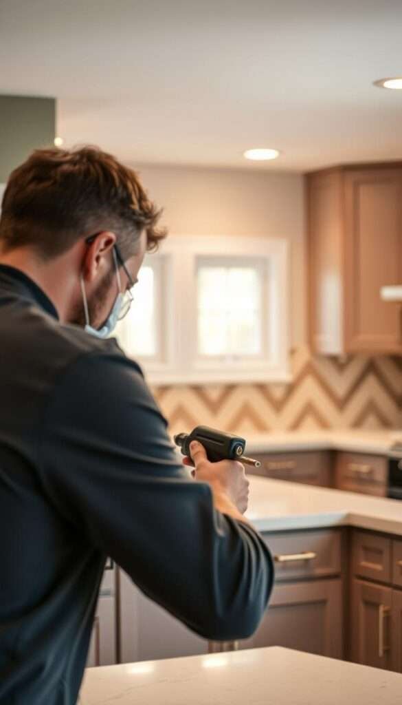 A well-lit kitchen interior with a professional installing a patterned backsplash in the foreground, using specialized tools. The backsplash features a bold geometric tile design in muted earth tones that complements the modern kitchen's neutral color palette. In the middle ground, the partially visible kitchen countertop and appliances suggest a functional, inviting space. The background is softly blurred, keeping the focus on the backsplash installation process. Warm, diffused lighting casts a cozy glow, creating an atmosphere of care and attention to detail in the remodeling project.
