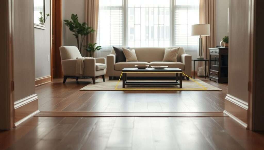 A well-lit living room interior, featuring a cozy seating arrangement with a sofa, armchair, and coffee table. The camera perspective is from the side, capturing a clear view of the walkway leading to the seating area. The walkway is highlighted, showcasing its optimal width and the reach zones around the furniture pieces. Soft, diffused lighting creates a warm, inviting atmosphere, while the angle and lens capture the proportions and spatial relationships precisely. The scene conveys a sense of balance, functionality, and attention to detail in furniture placement and room layout.