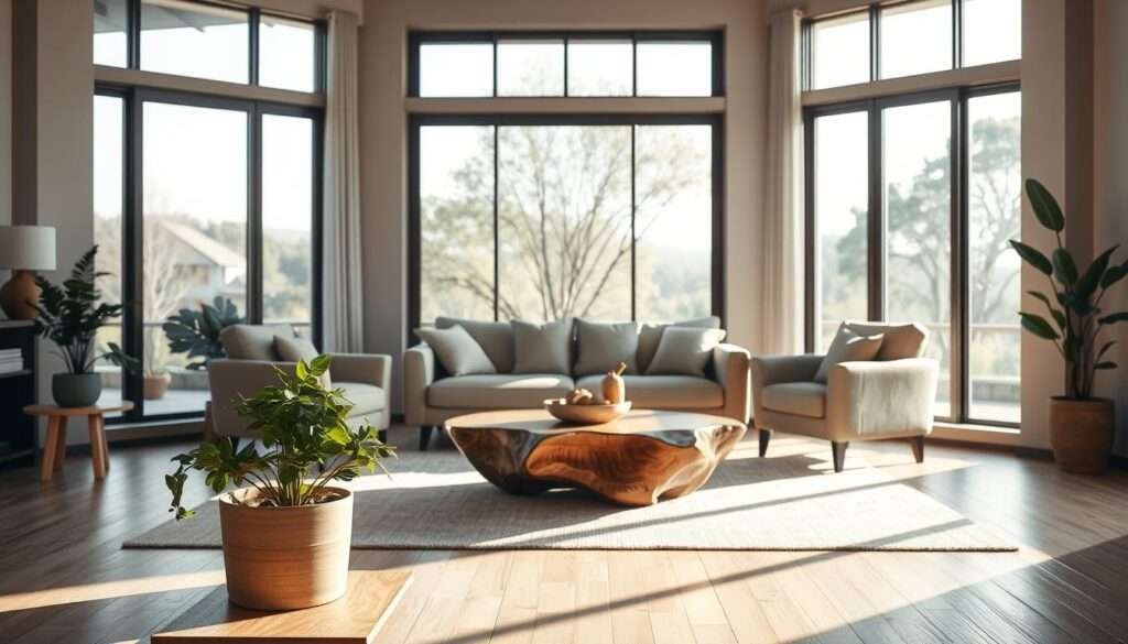 A well-lit, minimalist living room with natural elements to create a warm and inviting ambiance. In the foreground, a potted plant with lush greenery sits on a simple wooden side table. In the middle ground, a plush, neutral-colored sofa and armchair arrangement is centered around a low, organic coffee table. The background features large windows overlooking a tranquil outdoor scene, allowing natural light to flood the space. The room's lighting is soft and indirect, creating a cozy, atmospheric feel. The overall composition emphasizes clean lines, natural textures, and a harmonious balance between the indoor and outdoor environments.