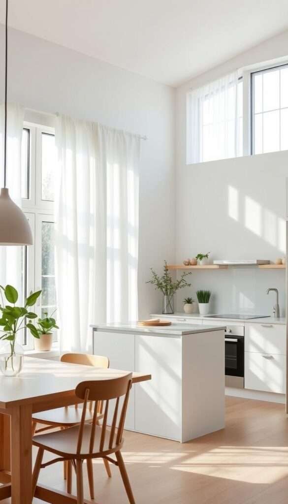 A well-lit, modern Scandinavian kitchen with large windows, allowing soft, diffused sunlight to filter through crisp white linen curtains. The curtains gently billow, casting delicate patterns on the pale wood floors and minimalist white cabinetry. Sleek stainless steel appliances and a central island with a quartz countertop create a balanced, functional layout. Potted plants and a wooden dining table with chairs complete the serene, nature-inspired atmosphere, highlighting the kitchen's bright, airy ambiance.