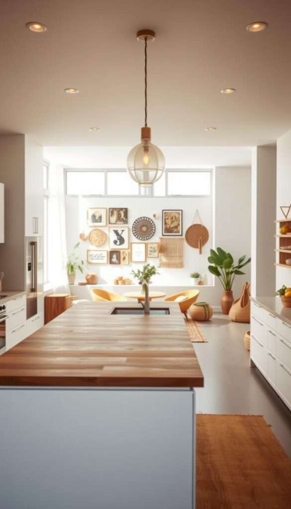 A well-lit, modern boho kitchen with clean lines and soulful layers. The foreground features a large island with a wooden countertop, surrounded by sleek white cabinets and a minimalist pendant light. In the middle ground, a floor-to-ceiling window floods the space with natural light, revealing a gallery wall of eclectic artwork and woven wall hangings. The background showcases a neutral color palette, with touches of greenery and natural textures, like a jute rug and woven baskets, creating a warm, cozy atmosphere. The scene is captured with a wide-angle lens, showcasing the harmonious blend of contemporary and bohemian elements.