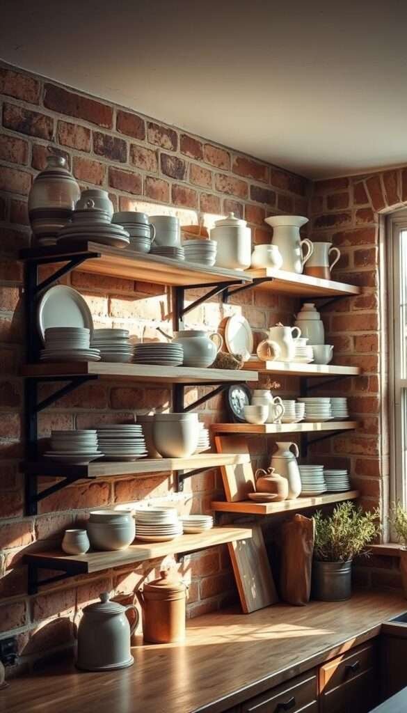 A well-lit rustic kitchen with open wood shelves displaying a carefully curated selection of white ceramic dishware, earthenware, and natural accents. The shelves are mounted on a worn brick wall, casting warm shadows and highlights. Soft natural light filters in through a large window, creating a cozy, inviting atmosphere. The arrangement of the dishware is visually balanced, with varying heights and textures creating visual interest. The overall scene conveys a sense of simplicity, functionality, and a appreciation for the beauty of everyday objects.