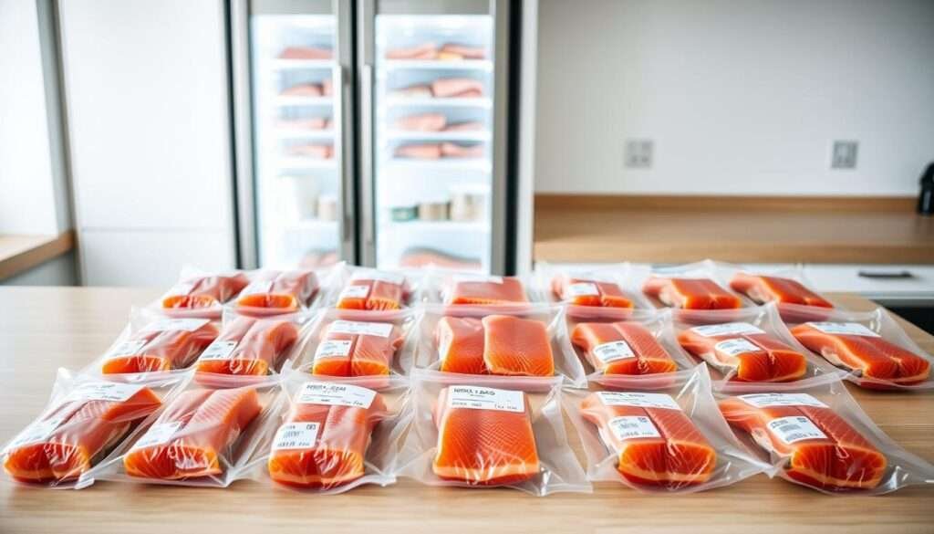 A well-lit, spacious kitchen counter showcases a neatly arranged display of vacuum-sealed packages containing fresh salmon fillets. The salmon is organized in a grid-like pattern, with each package labeled with the contents and date. A glass-fronted refrigerator in the background casts a soft, even light across the scene, highlighting the vibrant colors and textures of the salmon. The countertop is made of a light-colored, natural-looking material, providing a clean and minimalist backdrop. The overall atmosphere is one of organization, efficiency, and a focus on preserving the quality and freshness of the seafood for easy, healthy meal preparation.