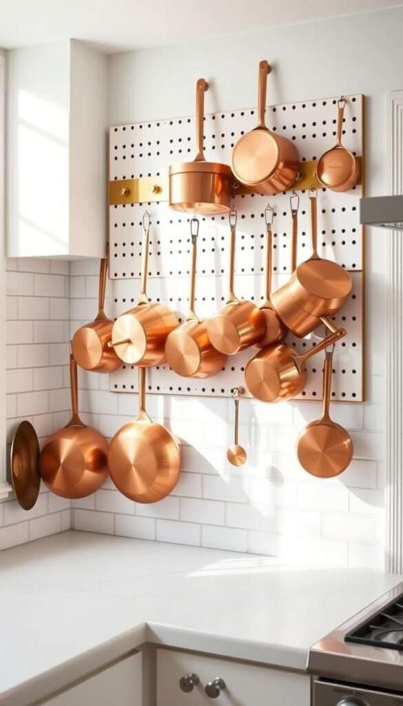 A well-lit, spacious kitchen with a brass pegboard mounted on a subway tile backsplash. Gleaming copper pots and pans of various sizes hang from the pegboard, casting warm reflections. The pots are arranged in an artful, asymmetrical display, creating visual interest. Soft natural light filters in, illuminating the kitchen's clean, modern aesthetic. The pegboard's efficient vertical storage allows for easy access and organization of the cookware, maximizing the limited space in a small kitchen.