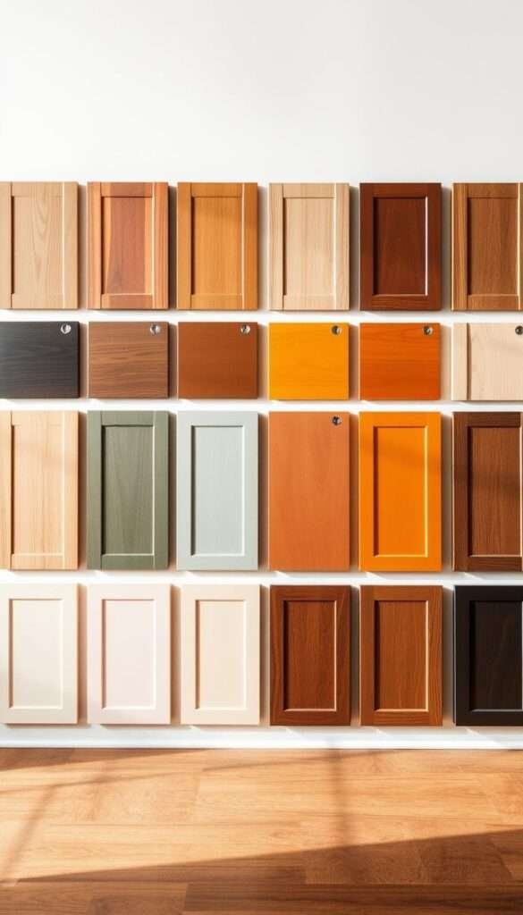 A well-lit studio setting showcasing an assortment of cabinet color swatches. The swatches are arranged in an organized grid, displaying a diverse palette of warm and cool tones, from rich wood hues to vibrant, earthy shades. The swatches are photographed at a slight angle, creating depth and highlighting the textures and variations within each color. Soft, diffused lighting illuminates the scene, casting gentle shadows and emphasizing the depth and dimensionality of the samples. The background is a clean, minimalist space, allowing the color swatches to take center stage and inspire the viewer's imagination for a stylish, cozy boho-inspired kitchen.