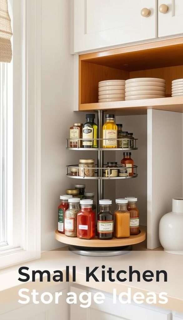 A well-organized 3-tier lazy susan filled with jars of colorful spices and oils, sitting in the corner of a cozy, well-lit kitchen cabinet. The cabinet's warm wooden shelves and clean white walls create a serene backdrop, while soft natural lighting from a nearby window casts a gentle glow over the arrangement. The lazy susan effortlessly rotates, allowing easy access to the neatly labeled spice and oil containers. The overall scene conveys a sense of efficient, clutter-free storage that is both practical and visually appealing, perfectly complementing the "Genius Small Kitchen Storage Ideas" theme.