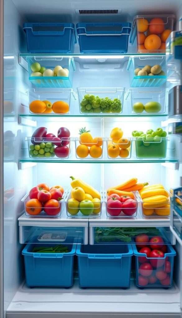 A well-organized and color-coded produce storage system, featuring transparent containers arranged on modular shelves. Bright lighting illuminates the fresh fruits and vegetables, their hues popping against a clean, minimalist backdrop. The layout is designed for easy visibility and access, optimizing the refrigerator's interior for efficient organization. Sleek, matte-finish bins in complementary shades of blue, green, and clear plastic create a visually appealing and functional storage solution. A side-on camera angle showcases the system's depth and versatility, capturing the perfect balance of form and function for a modern, streamlined kitchen.