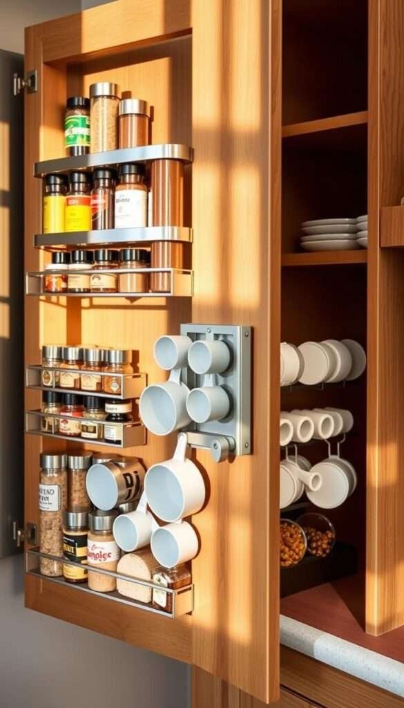 A well-organized kitchen cabinet door showcasing a diverse array of spice racks and measuring cup holders, bathed in warm, natural lighting that highlights the various textures and materials. The foreground features precisely arranged spice bottles and measuring cups, their colors and designs complementing the overall aesthetic. In the middle ground, a sleek, modular storage system maximizes the cabinet's interior space, while the background subtly reveals the cabinet's woodgrain and hardware, creating a cohesive and visually appealing composition. This image captures the essence of smart, space-saving storage solutions that transform underutilized kitchen areas into organized, functional spaces.