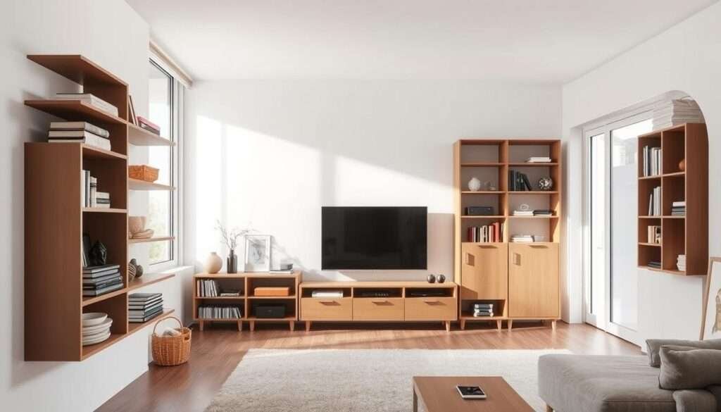 A well-organized living room with minimalist, multi-purpose storage solutions. In the foreground, sleek floating shelves with hidden compartments for neatly storing books, decor, and personal items. In the middle ground, a low-profile TV console with drawers and cabinets to conceal cables, remotes, and other electronic clutter. The background features a wall-mounted storage system with adjustable shelves and compartments, allowing for customizable organization. Soft, natural lighting from large windows creates a calming, airy atmosphere, complementing the room's clean, uncluttered aesthetic.