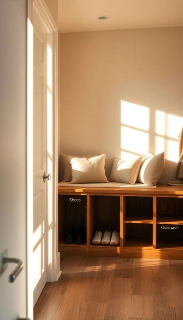 A well-organized mudroom transition zone with labeled storage bins, bathed in warm natural lighting. The foreground features a row of sturdy wooden cubbies, each labeled with a function - "Shoes", "Bags", "Outerwear". Middle ground showcases a bench with plush cushions, providing a cozy spot to sit and remove footwear. The background reveals a neutral-toned wall, accentuating the clean, minimalist aesthetic. Soft shadows cast by the recessed lighting create a sense of depth and ambiance, perfect for a busy household seeking to reduce clutter and streamline their small-space organization.