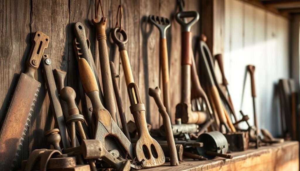 A well-worn collection of vintage farm tools arranged in a rustic, sculptural display. In the foreground, an assortment of weathered hand tools, including a rusted saw, a worn-handled hammer, and a tarnished pair of pliers, casually propped against a weathered wooden backdrop. In the middle ground, a few larger implements, such as an antique pitchfork and a worn leather-handled hoe, stand upright, casting soft shadows. The background suggests a warm, natural lighting, perhaps streaming in through a window or reflecting off a whitewashed barn wall, creating a soft, golden glow that enhances the textural details of the tools. The overall mood is one of nostalgia and appreciation for the craftsmanship and history embodied in these time-worn implements.