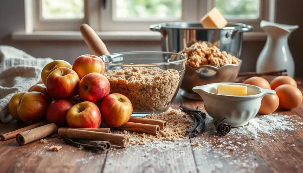 A wooden surface with a rustic texture serves as the foreground, showcasing an array of baking ingredients. In the center, a pile of fresh, juicy apples rests alongside a glass bowl filled with a golden, crumbly mixture. Surrounding the apples, cinnamon sticks, a flour-dusted rolling pin, and a ceramic measuring cup filled with fragrant brown sugar create a cozy, inviting atmosphere. The middle ground features an antique mixing bowl overflowing with creamy butter, eggs, and a scattering of whole vanilla beans. In the background, a soft, hazy light filters through a window, casting a warm glow over the scene, evoking the comforting aroma of a homemade apple crumb cake in the making.