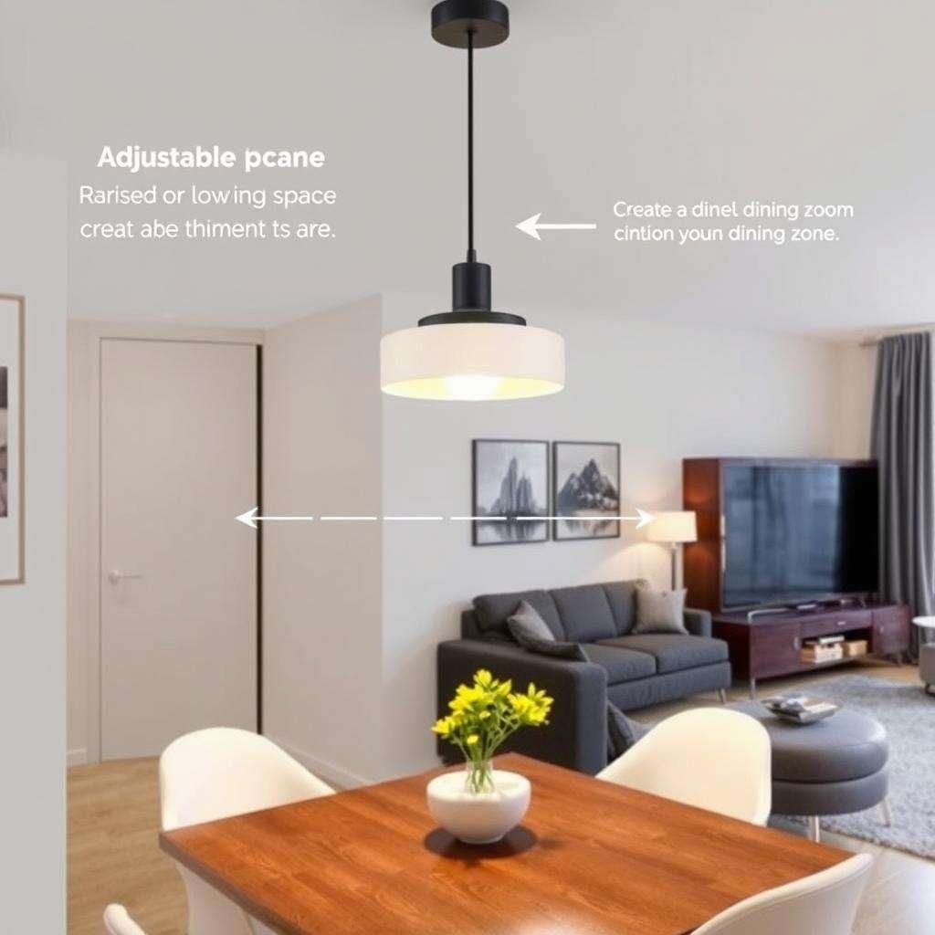 Adjustable pendant light to define dining area in small living rooms