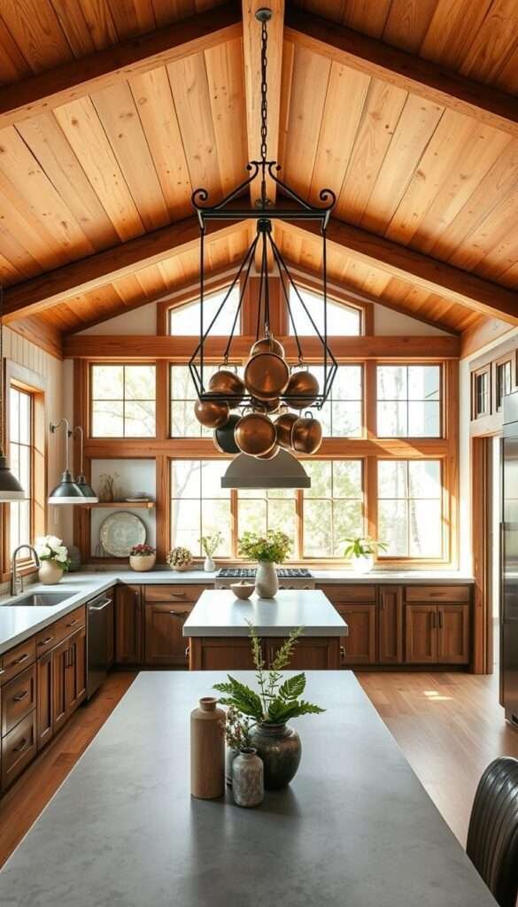 Airy rustic kitchen with minimal upper cabinets and a hanging pot rack. Warm wooden tones with natural light streaming through large windows, illuminating the spacious layout. Polished concrete countertops, exposed wooden beams, and a mix of modern and vintage decor elements create a balanced, inviting ambiance. The hanging pot rack is the focal point, its wrought iron frame and copper pots adding a touch of industrial chic. The lack of upper cabinets gives the space an open, uncluttered feel, emphasizing the room's airiness and connection to the outdoors. A subtle color palette of earthy neutrals, accented by lush greenery, completes the modern rustic aesthetic.