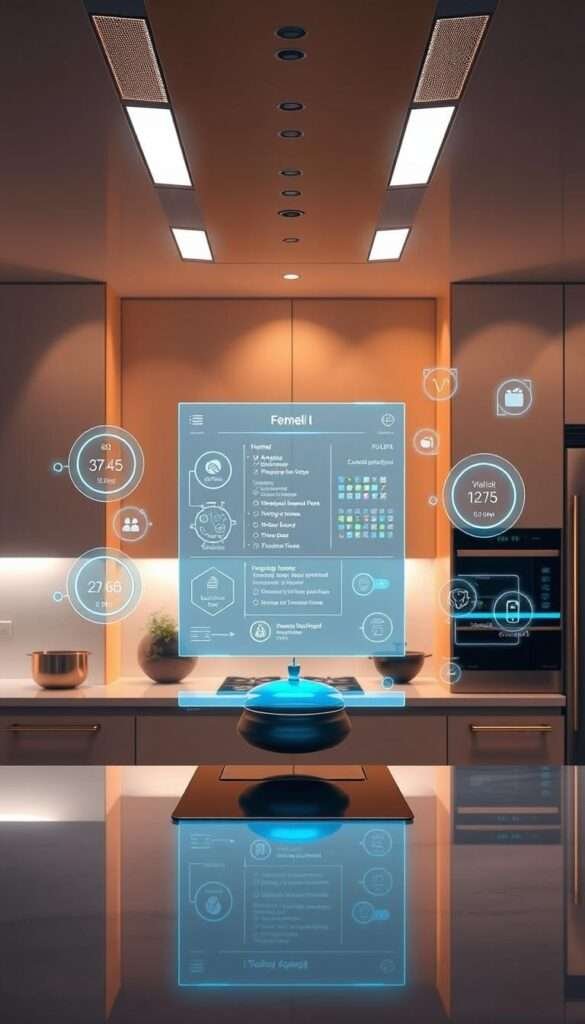 An AI-powered kitchen of the future, with sleek holographic interfaces floating above a gleaming counter. The room is bathed in a warm, futuristic glow, with subtle ambient lighting that highlights the clean lines and seamless integration of smart appliances. In the center, a large holographic display projects customizable recipe menus, ingredient lists, and cooking instructions, while smaller holograms flutter around, providing real-time data on temperature, timer, and ingredient quantities. The walls are adorned with state-of-the-art touchless controls, voice-activated commands, and integrated sensors that anticipate the user's needs. The scene exudes a sense of effortless efficiency and technological advancement, showcasing the remarkable potential of smart kitchen design.