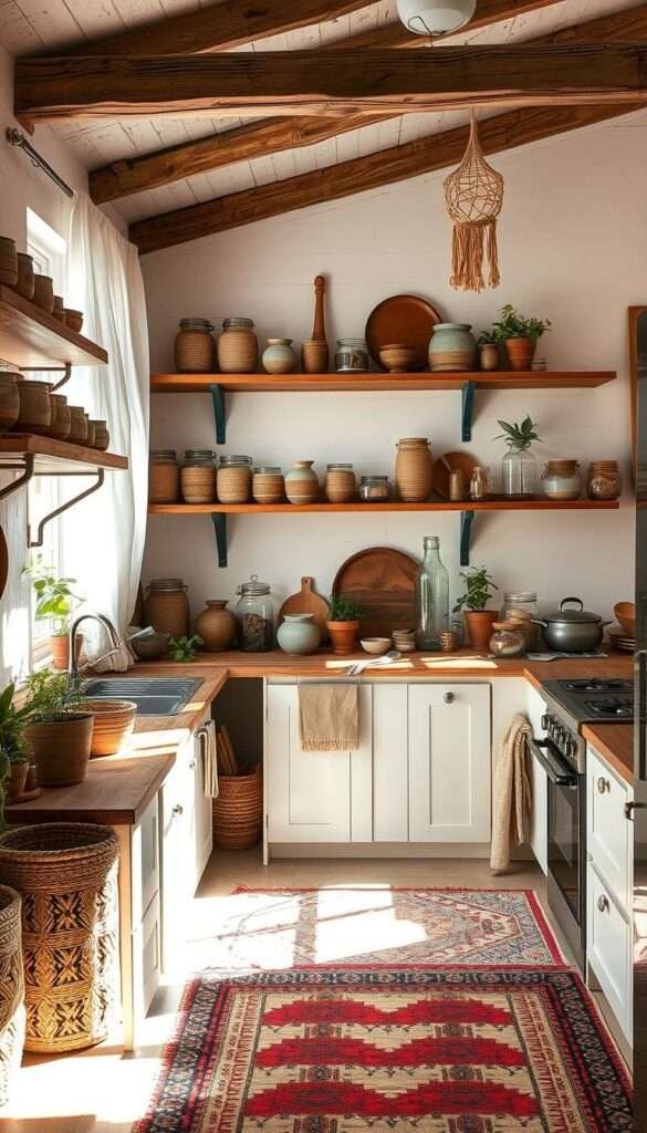 An airy kitchen bathed in warm, natural light, the open shelves adorned with an eclectic display of earthenware, potted plants, and vintage-inspired décor. Sunlight filters through sheer curtains, casting a soft, ethereal glow on the rustic wood and whitewashed walls. Textured ceramic mugs and bowls sit alongside an array of glass jars, their contents casting playful shadows. Macrame wall hangings and woven baskets lend a touch of boho flair, while a vibrant, geometric-patterned rug grounds the space with bold color. The overall atmosphere is one of laid-back elegance, where the kitchen is a canvas for artistic expression and a celebration of the handmade.