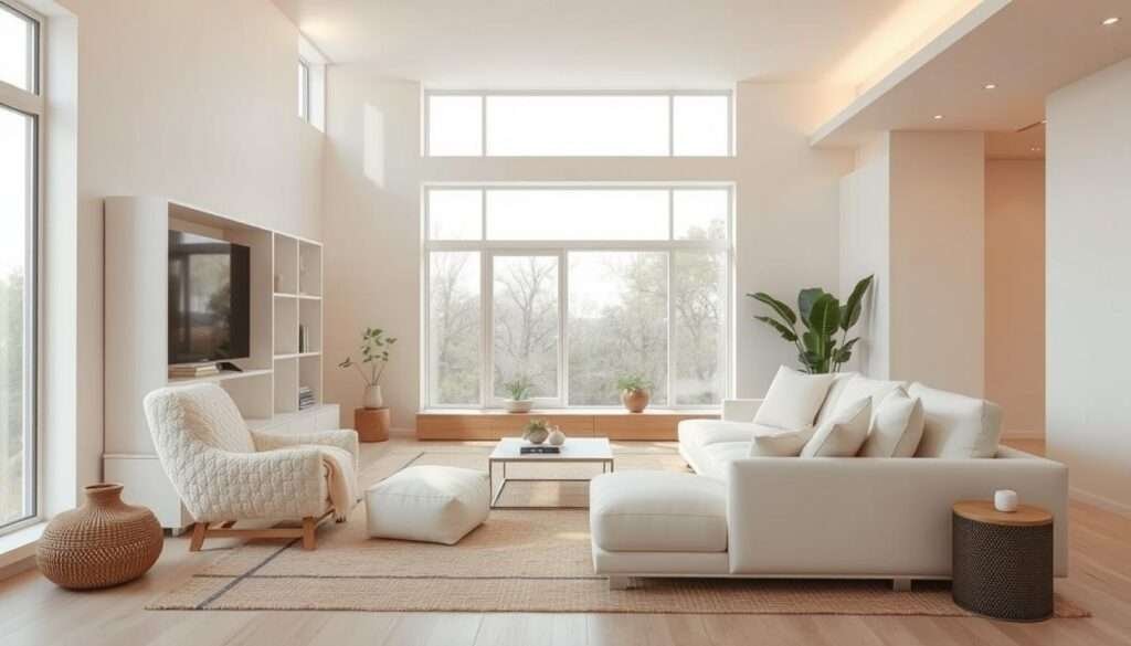 An airy, minimalist living room bathed in soft, natural light. The focal point is a plush, ivory bouclé armchair, its inviting texture complementing the smooth, creamy walls. Streamlined shelving and a low-profile, ivory sofa create a sense of zen-like tranquility. Warm, indirect lighting casts a gentle glow, while large windows frame a serene, outdoor view. Subtle textures, like woven rugs and potted plants, add depth and warmth to the space. The overall atmosphere is one of understated elegance and calm, reflecting the soothing power of a creamy, ivory palette.