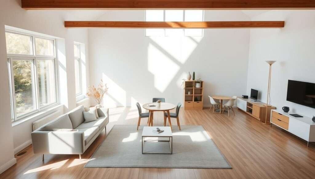 An airy, minimalist open floor plan with defined zones for living, dining, and working. Sunlight streams in through large windows, casting a warm, natural glow over the space. A sleek, low-profile sofa and armchair create a cozy seating area, while a simple dining table and chairs occupy the center. Toward the back, a compact home office setup blends seamlessly into the overall design. Neutral tones of white, gray, and wood accents lend a serene, calming atmosphere. The layout showcases efficient space utilization and a harmonious flow between distinct functional areas.