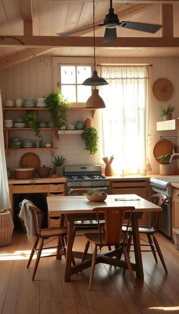 An airy, rustic boho kitchen with natural wood tones, woven textures, and pops of earthy colors. A mid-century-style table and chairs take center stage, surrounded by open shelves displaying ceramic dishware and trailing plants. Sunlight filters through sheer curtains, casting a warm, diffused glow. In the background, a vintage stove and farmhouse-style sink complete the cozy, budget-friendly vibe. The overall mood is inviting, lived-in, and effortlessly stylish.