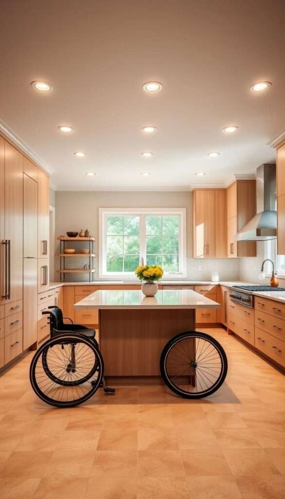 An airy, spacious kitchen with ample wheelchair clearance. Sleek, modern cabinets in a light wood tone line the walls, contrasting with the warm-hued tile flooring. A large, height-adjustable island dominates the center, its surface perfect for meal prep or casual dining. Recessed lighting casts a soft, even glow, while large windows allow natural light to flood the space. Ergonomic handles, lever-style faucets, and easy-reach shelving prioritize accessibility. The overall atmosphere is inviting and functional, showcasing thoughtful design to support aging-in-place living.
