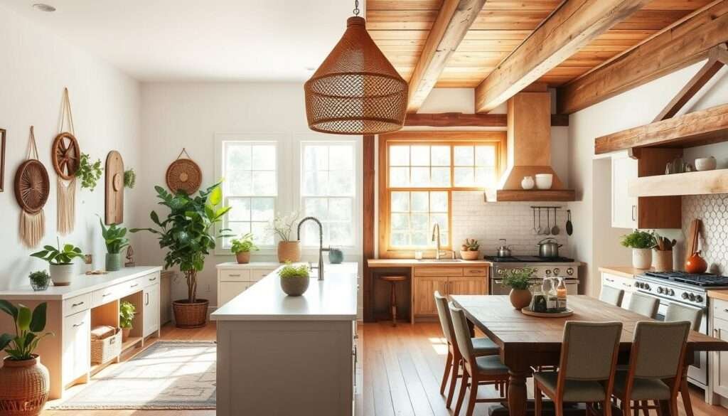 An airy, sun-drenched kitchen divided into two distinct styles - modern boho and rustic farmhouse. The modern boho section features clean white walls, natural wood accents, and a mix of mid-century and bohemian furnishings. Lush potted plants, macrame wall hangings, and a large, round rattan pendant light create a cozy, laid-back vibe. In contrast, the farmhouse side showcases exposed wooden beams, a vintage-inspired range, and a weathered wood table surrounded by mismatched upholstered chairs. Pops of earthy colors, antique pewter accessories, and a dramatic oversized window infuse the space with a sense of timeless charm. Crisp natural lighting floods the entire kitchen, highlighting the harmonious blend of rustic and bohemian elements.