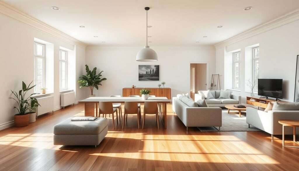An airy, sun-drenched living and dining area in a minimalist, Scandinavian-inspired apartment. Warm wooden floors, whitewashed walls, and large windows create a serene, open atmosphere. A sleek, rectangular dining table with minimalist chairs sits in the middle, seamlessly blending into the living space. Plush, neutral-toned sofas and armchairs are arranged around a low, wooden coffee table, inviting relaxation. Indirect lighting from recessed ceiling fixtures and a large, pendant lamp above the dining table cast a soft, diffused glow. Potted plants and a few carefully curated decor pieces add touches of greenery and subtle elegance, reinforcing the multifunctional, harmonious design.