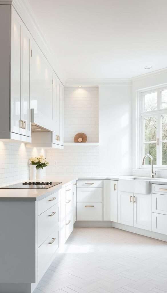 An all-white kitchen with a beautifully contrasting texture palette. A sleek, modern design featuring smooth, glossy cabinetry and countertops, accented by rough, matte subway tiles in a herringbone pattern. Soft, ambient lighting casts a gentle glow, creating depth and dimension. Subtle metallic fixtures add a touch of warmth, while large windows flood the space with natural light, enhancing the sense of openness and airiness. The overall atmosphere is one of refined elegance and a soothing, calming ambiance - a perfect embodiment of the "Use Light Colors to Expand the Space" design principle.