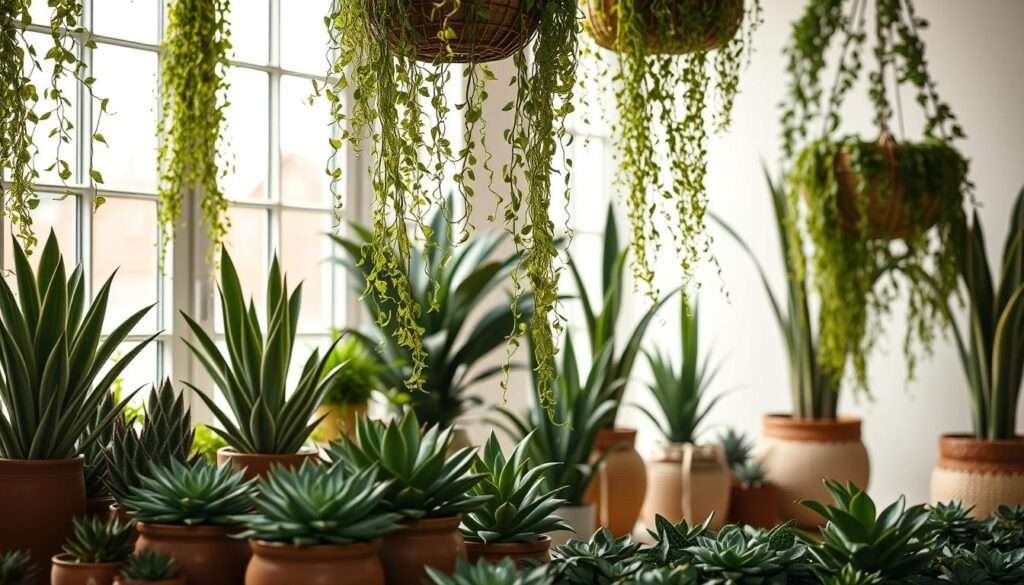 An elegant arrangement of lush, trailing vines cascading from hanging baskets, their verdant foliage gently swaying in the soft, natural light that filters through large windows. In the foreground, a variety of potted succulents and leafy plants in earthy ceramic containers, their intricate textures and shapes creating a harmonious display. The mid-ground features a mix of tall, architectural plants in woven baskets, their dramatic silhouettes adding depth and visual interest. In the background, a subtle, blurred backdrop of neutral tones and muted colors, allowing the plants to take center stage and create a serene, calming atmosphere. The overall scene exudes a modern, boho-inspired aesthetic that feels timeless and inviting.