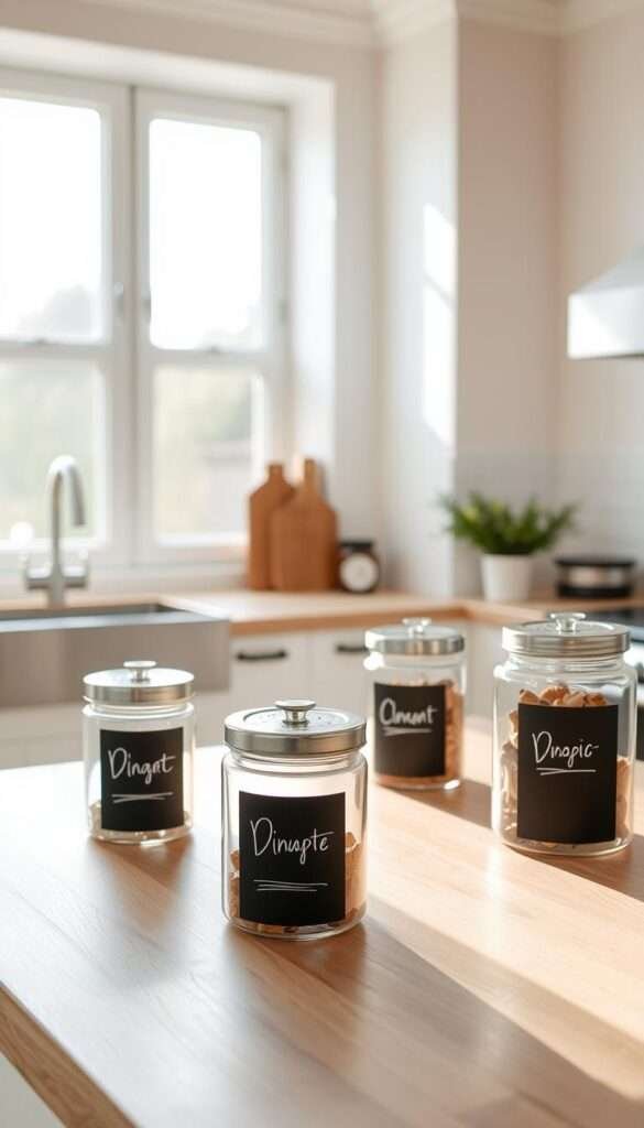 An elegant kitchen interior with a bright, airy atmosphere. In the foreground, uniform glass storage containers with chalkboard labels are neatly arranged on a sleek wooden countertop. The labels display the contents in a minimalist, handwritten style. Soft, natural lighting filters in through large windows, creating a warm, inviting ambiance. The middle ground features a simple, white subway tile backsplash, complementing the overall streamlined aesthetic. In the background, the walls are painted in a soothing, neutral color, emphasizing the clean, uncluttered design. The entire scene conveys a sense of organization, functionality, and refined style, perfectly suited for a small, yet sophisticated kitchen space.