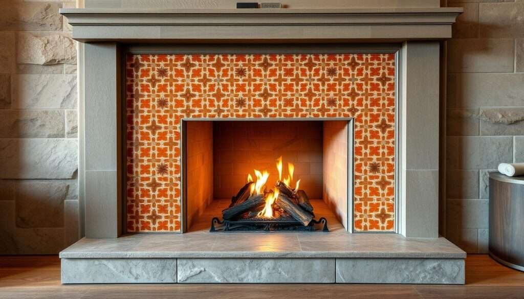 An elegantly crafted fireplace surround featuring intricate zellige tiles in warm earthy tones. The tiles, arranged in a visually captivating pattern, create a focal point that exudes sophistication and timeless charm. Soft, diffused lighting casts a gentle glow, accentuating the nuanced textures and subtle variations in the tile's glazed surface. The fireplace is set against a backdrop of neutral-hued sandstone, complementing the zellige's vibrant hues. The overall composition radiates a sense of refined, cozy ambiance, inviting one to bask in the fireplace's soothing warmth and alluring aesthetic.