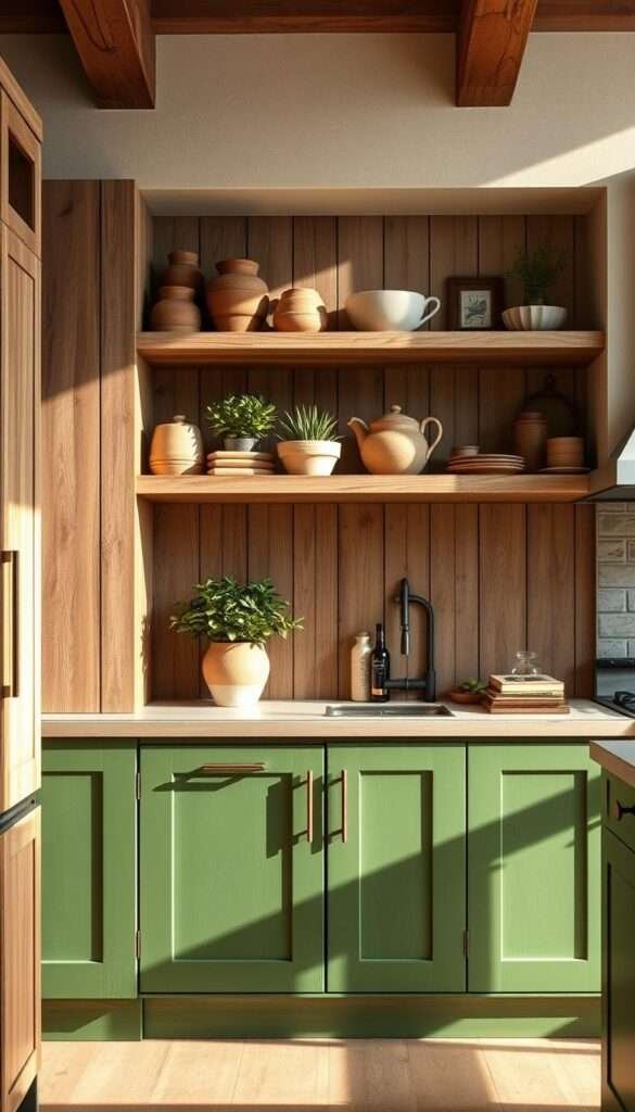 An impeccably designed rustic kitchen with two-tone cabinetry, featuring a lush green base and open wooden shelving. The scene is bathed in warm, natural lighting, casting a cozy, inviting atmosphere. The cabinets are crafted from weathered, distressed wood, complemented by sleek, minimalist hardware. Atop the open shelves, a curated display of earthenware, potted greenery, and vintage-inspired decor adds depth and character. The overall aesthetic seamlessly blends the modern and the rustic, creating a harmonious and visually striking space.