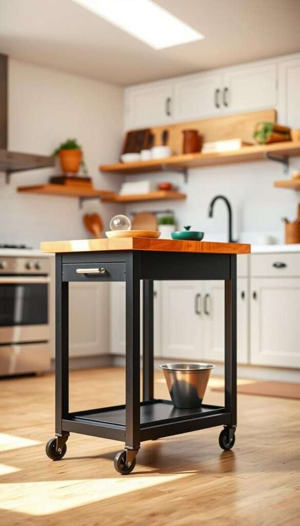 An industrial-style metal utility cart with a sturdy butcher block top, standing in a bright, airy kitchen. The cart features smooth, clean lines and a matte black finish, complemented by the warm, natural tones of the wood top. Soft, diffused lighting from overhead illuminates the scene, casting subtle shadows and highlighting the textural details. The cart is positioned in the foreground, occupying a central spot in the kitchen, ready to serve as a versatile mobile workstation or storage solution. The background is slightly blurred, hinting at the cozy, inviting atmosphere of the surrounding space.
