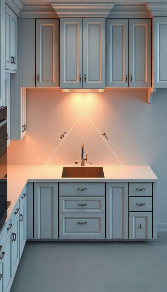 An intricate kitchen layout diagram showcasing the classic work triangle, with precise measurement markers illuminated by warm, natural lighting. The countertops and cabinetry are rendered in a clean, minimalist style, allowing the functional geometry to take center stage. Meticulously crafted to provide a clear visualization of the optimal kitchen design, this image will serve as a invaluable resource for planning a kitchen renovation, highlighting the importance of strategic layout and measurement considerations.