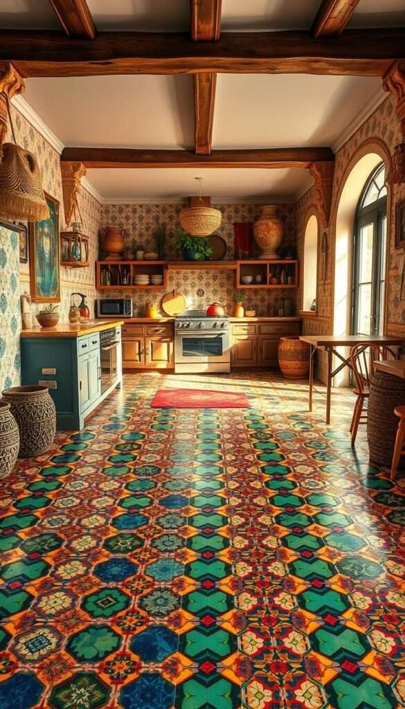 An intricate mosaic of vibrant, saturated floor tiles adorning a Bohemian kitchen. Detailed hexagonal and diamond-shaped patterns in rich jewel-toned hues of emerald, sapphire, and ruby create a captivating, eye-catching foundation. Warm, diffused lighting casts a soft glow, highlighting the texture and depth of the ornate tile work. The floor stretches out, leading the eye through the inviting space, grounding the eclectic, colorful decor in a cohesive, harmonious aesthetic. Rustic, natural elements like exposed beams and woven accents complement the bold, patterned tiles, cultivating an organic, earthy ambiance.