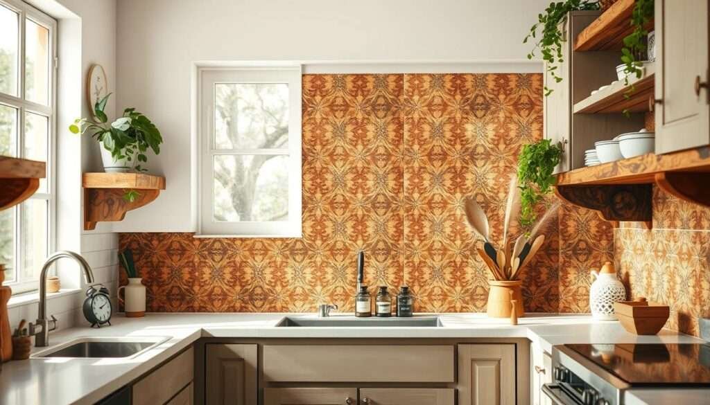 An intricately patterned boho-style backsplash tile in a sun-drenched kitchen. The tiles feature a mix of warm earthy tones and intricate geometric designs, creating a visually captivating focal point. The backsplash extends from the countertop to the cabinets, framed by rustic wooden shelves and accented with lush greenery. Soft, diffused lighting casts a cozy, inviting glow, while the overall composition evokes a sense of artistic, bohemian flair. The image should convey the essence of a chic, modern boho kitchen decor.