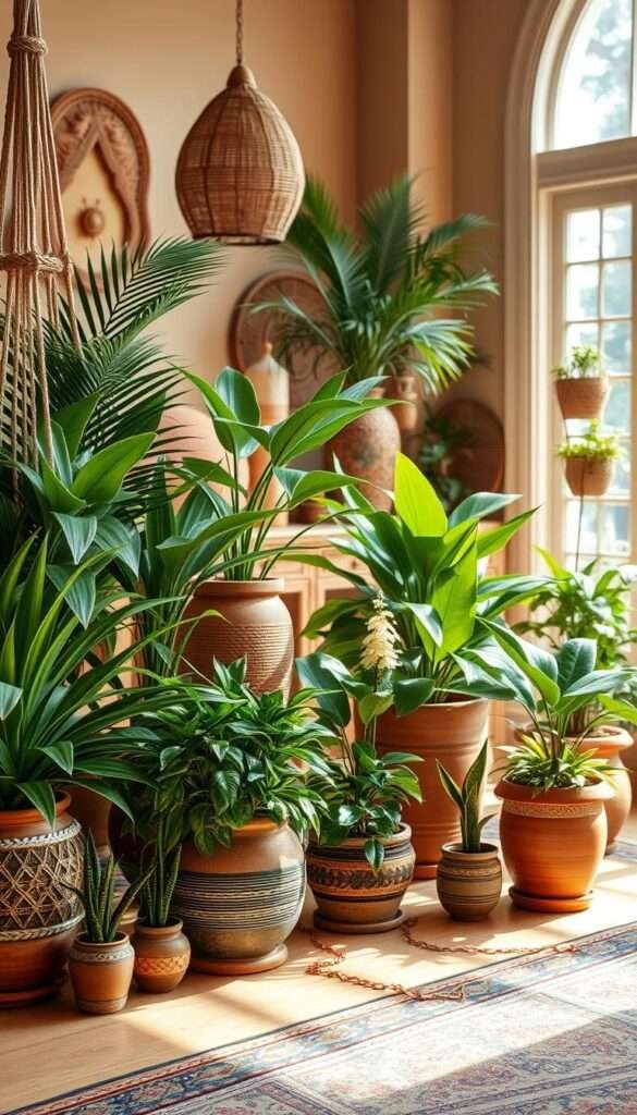 An ornate, luxurious boho-inspired still life featuring a curated collection of potted plants and natural elements. The foreground showcases lush, vibrant foliage in terracotta and ceramic planters, accented with woven textiles, rattan, and macrame details. The middle ground features a variety of tropical and leafy houseplants in varying sizes, textures, and shades of green, arranged in a harmonious, asymmetrical composition. The background is a warm, sun-dappled scene with a hint of global-inspired decor, casting a soft, cozy glow over the entire scene. Lit by gentle, natural light from a large window, the image exudes a sense of bohemian elegance and worldly charm.