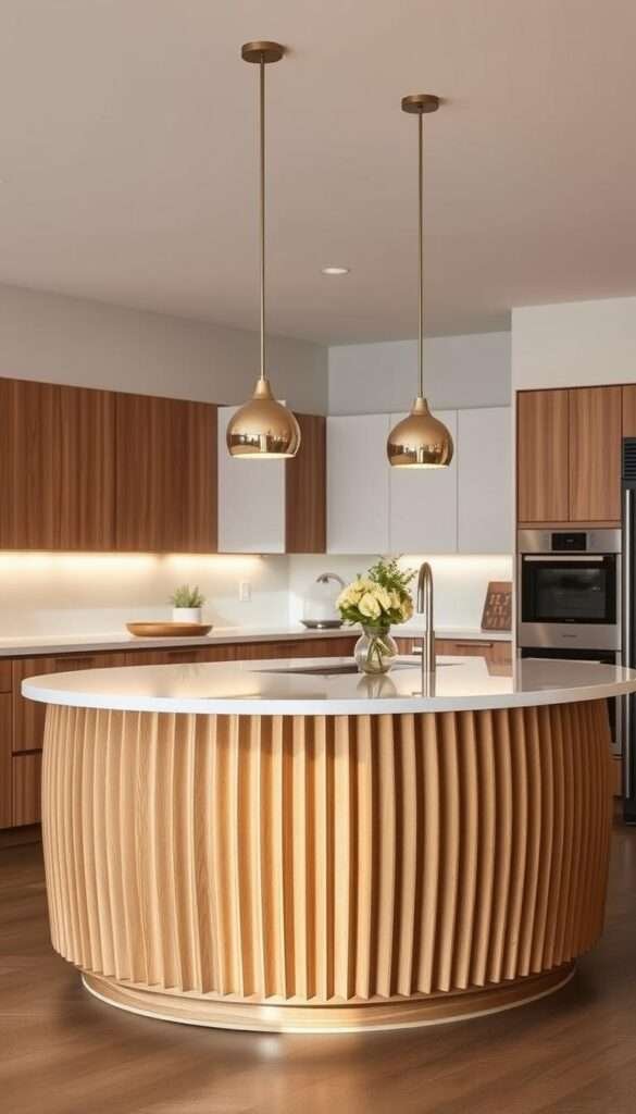 An oval-shaped kitchen island with elegant fluted wood detailing in a soft, warm lighting. The island is the central focus, illuminated by a pair of pendant lights that cast a gentle glow. The wood has a natural, inviting texture that complements the modern, minimalist kitchen design. The overall atmosphere is one of refined sophistication, with the rounded forms and organic materials softening the sleek, contemporary lines of the cabinetry and appliances. Captured from a slightly elevated angle to showcase the island's graceful shape and intricate woodwork.