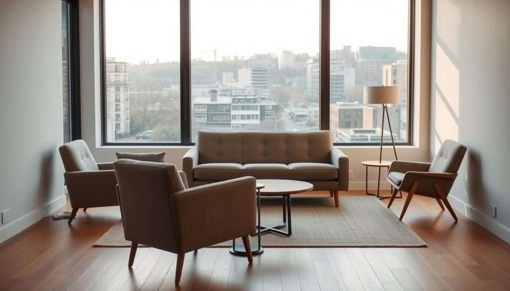 Armchair traffic flow seating: A minimalist living room with a thoughtfully arranged conversation area. In the foreground, a sleek, low-profile armchair faces a small side table, creating a cozy nook. Behind it, a mid-century inspired loveseat sits perpendicular, guiding the flow of movement around the space. The furniture is bathed in warm, natural light, filtered through large windows that overlook a tranquil, urban landscape in the background. The overall aesthetic is clean, uncluttered, and focused on efficient use of the available square footage.