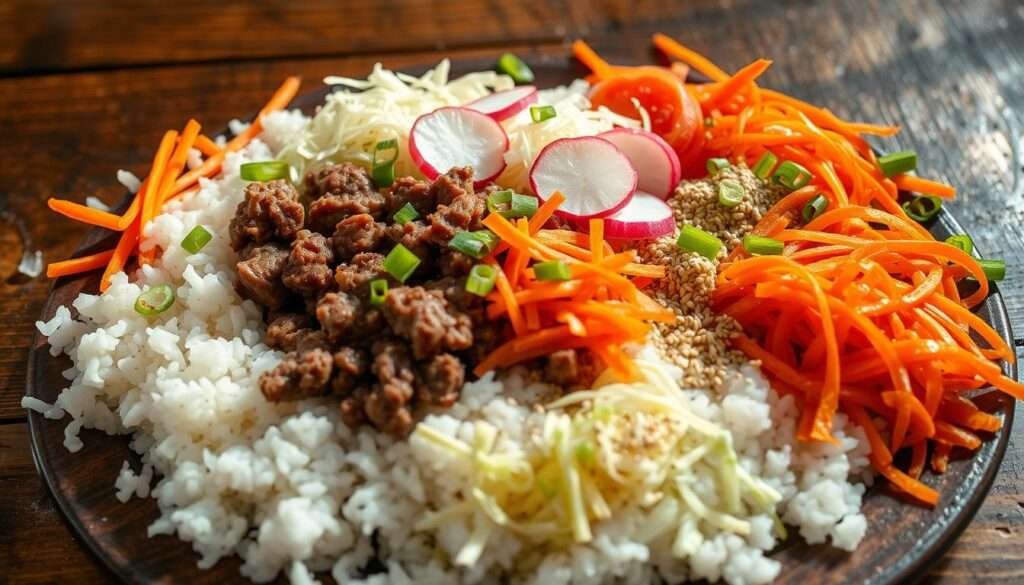 Artfully arranged array of vibrant Korean toppings spilling across a rustic wooden surface, bathed in warm, natural lighting. Steaming white rice, crisp julienned carrots, shredded cabbage, sliced scallions, toasted sesame seeds, and glistening slivers of pickled radish, complemented by the rich umami of sautéed ground beef. Depth of field focuses on the enticing textures and colors, inviting the viewer to build their own customized Korean Ground Beef Bowl.